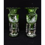 Two Victorian style green lustre vases with crystal droppers,