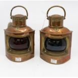 A pair of copper and brass marine / ship oil lamps,