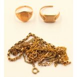 Two 9ct gold rings A/F along with two pieces of unmarked yellow metal chains testing as 9ct gold,