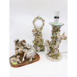 Porcelain Continental lamp with mantle clock and figure group,