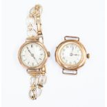 Two 9ct gold watches, one on later rolled gold strap, the other without strap,