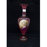 Bohemian ruby glass baluster vase with oval portrait of a lady (hand painted) (gilt worn)