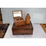 Sewing box with contents plus a musical jewellery box and a fruitwood container (3)