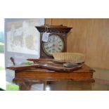 Early 20th Century German mantle alarm clock, with an oak cigarette box, vanity mirror, and brush,