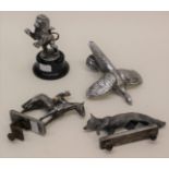 Four various white metal car mascots by Le Jeune including;