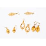 A collection of four pairs of Victorian earrings, various fancy designs, pierced fittings,
