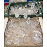 Two boxes of assorted glassware, including decanters, vase, bowl, wine glasses, tumblers,