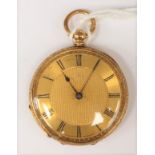 An 18ct gold ladies pocket watch, open faced gold tone dial, Roman numerals, gold tone dial,