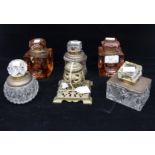 Six inkwells: five are cut glass including two in a shade of pink and one metal inkstand (6)
