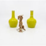 A pair of Oriental bottle vases, yellow/jeune, crazed glaze, height is 6cms approx,