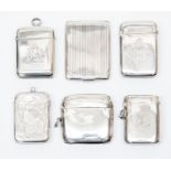 A collection of six silver vesta cases, comprising one marked for George Unite, one for 1899,