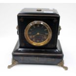 French classy black slate mantle clock with gold inlay and black dial,