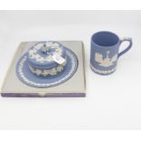 Wedgwood Blue Jasper; powder bowl, Christmas mug 1971,