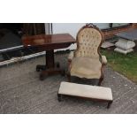 Victorian ladies walnut arm chair with matching foot stool and a mahogany Victorian games table