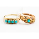 A Victorian turquoise and diamond chip ring, scroll decoration to mount, 9ct rose gold, size N,