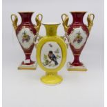 Yellow ground Minton vase with hand painted bird and flowers including a pair of Bavarian red