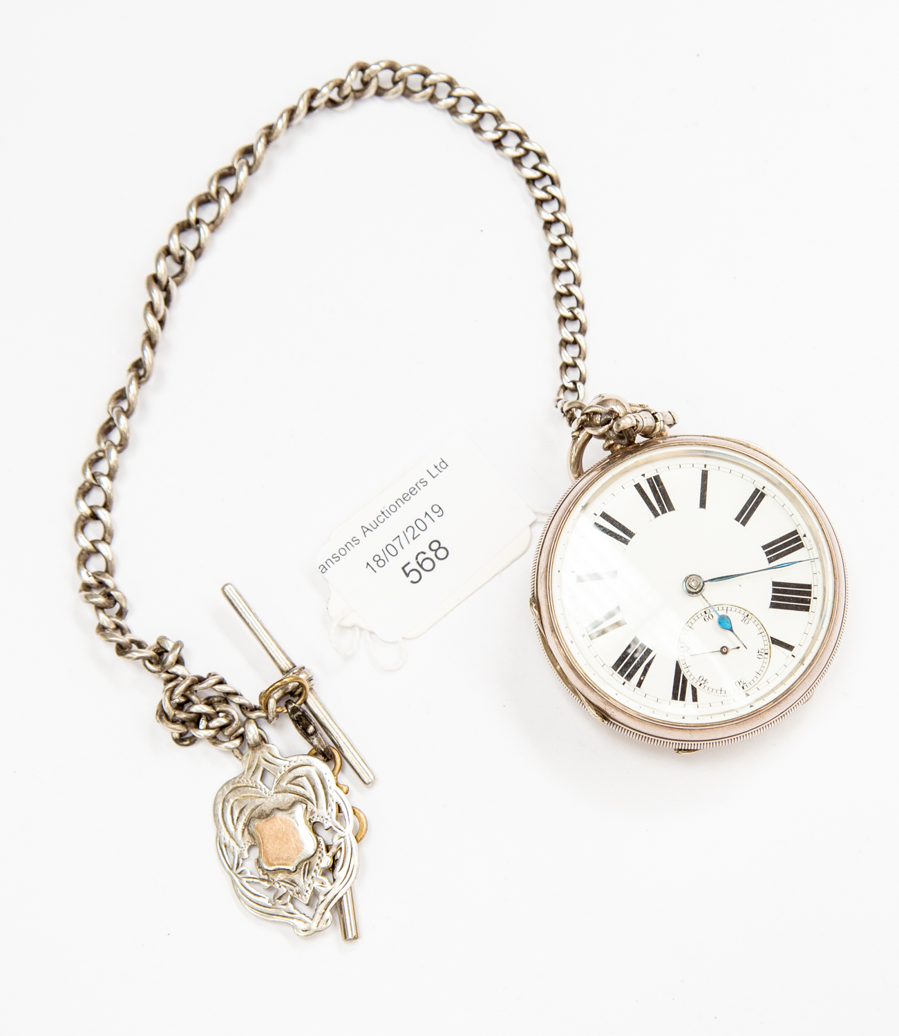 A gentleman's silver open faced pocket watch on silver chain