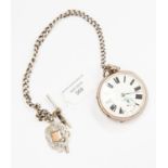 A gentleman's silver open faced pocket watch on silver chain
