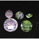 Five various glass paperweights including William Mason "Diana - 1150";