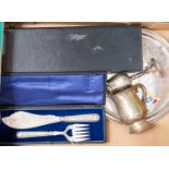 A collection of silver plate including carving set, fish servers, goblet, beer tankard,