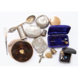 A fob; sovereign, 6d and 3d case, rouge pots, soap dish, compact, locket,