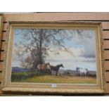 A quantity of paintings and prints, 9 items, two cat paintings, landscape with horses,