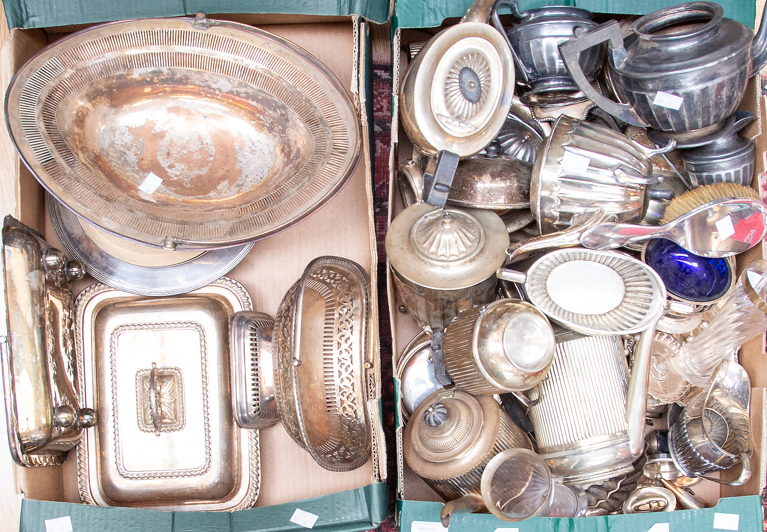 Large collection of silver plated items; three piece tea sets, food servers, bonbon baskets,