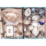 Large collection of silver plated items; three piece tea sets, food servers, bonbon baskets,