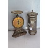 A late Victorian brass faced letter balance number 11 (scales) together with a white metal money