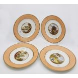 A set of six Derby porcelain dessert plates, each painted with scenes within peach borders,