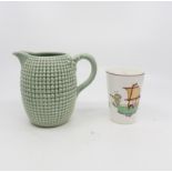 Green ground Clarice Cliff milk jug, along with Shelley beaker,