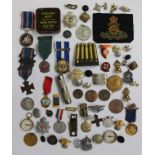 A box of miscellaneous commemorative medals, silver ARP badge, x 2 compasses,