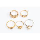 A collection of gold rings including an 18ct gold, ruby and diamond ring, size I 1/2,