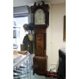 A longcase clock, painted dial, mahogany veneer, pendulum, weights, etc,