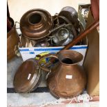 Three copper pans plus one ladle, copper jug,