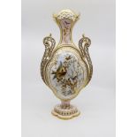 A Royal Crown Derby porcelain vase, 1878-80, quatrefoil lobed and moulded with pierced handles,