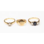 An 18ct gold sapphire and diamond three-stone ring, size M,