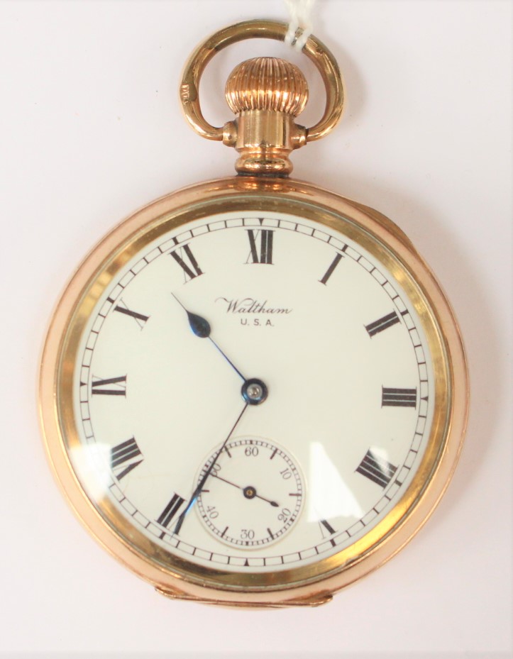 A Waltham pocket watch, white enamel dial, dial diameter approx 40mm, Roman numerals,