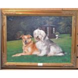 John Mould "Old English Sheep Dog and a Golden Retriever" in a garden, oil on canvas,