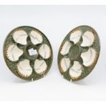 A set of five Longchamp Terre De Fer majolica oyster dishes with six divisions,