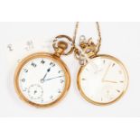 A 9ct gold Record pocket watch, numbers and batons, champagne dial, subsidiary dial,