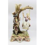 Large Austrian Majolica style figure vase, group of courting couple, man playing a guitar,