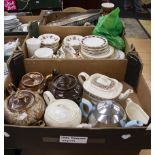 Three boxes of 20th Century ceramics including teapots, West German vases, plates, Japanese vase,