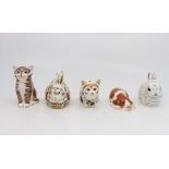 Collection of five small Royal Crown Derby paperweights including meadow rabbit, bunny, kitten,