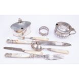 A collection of silver including: a William IV silver three piece cutlery suite, comprising knife,