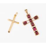 A 9ct gold and cabochon garnet set cross, along with another 9ct gold plain cross,