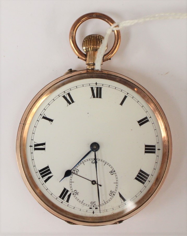 A 9ct gold open faced pocket watch, enamel dial, dial diameter approx 44mm, Roman numerals,