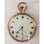 A 9ct gold open faced pocket watch, enamel dial, dial diameter approx 44mm, Roman numerals,