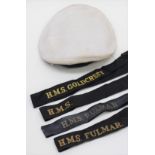 Royal Navy Ratings white top summer cap with "HMS Goldcrest" cap tally.