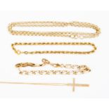 Four 9ct gold items, including a cross and chain, belchor chain,